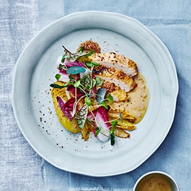 Maiskip met gebakken witlof, gekofijnte aardappel en romige mosterdsaus (op basis van mosterd saus) Maiskip met gebakken witlof, gekofijnte aardappel en romige mosterdsaus (op basis van mosterd saus)